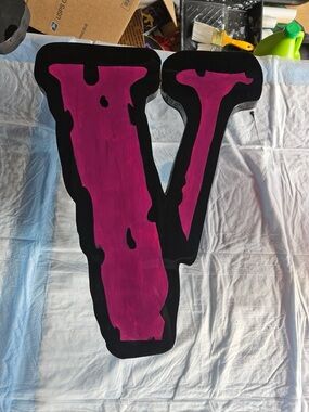 VLONE Custom Wood Art Decor Letter V - Hot Pink with Black Border